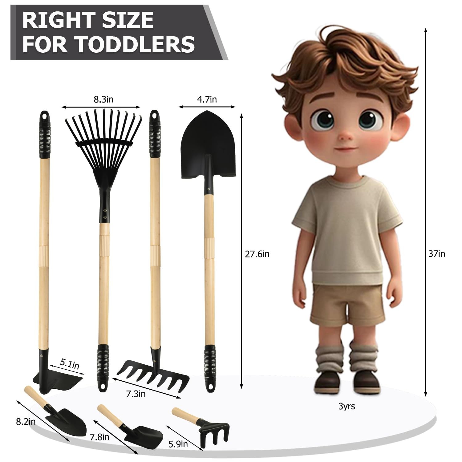 7PCS Kids Gardening Tools Set – Shovel, Rake, Spade, Hoe, Steel Heads, Wood Hand