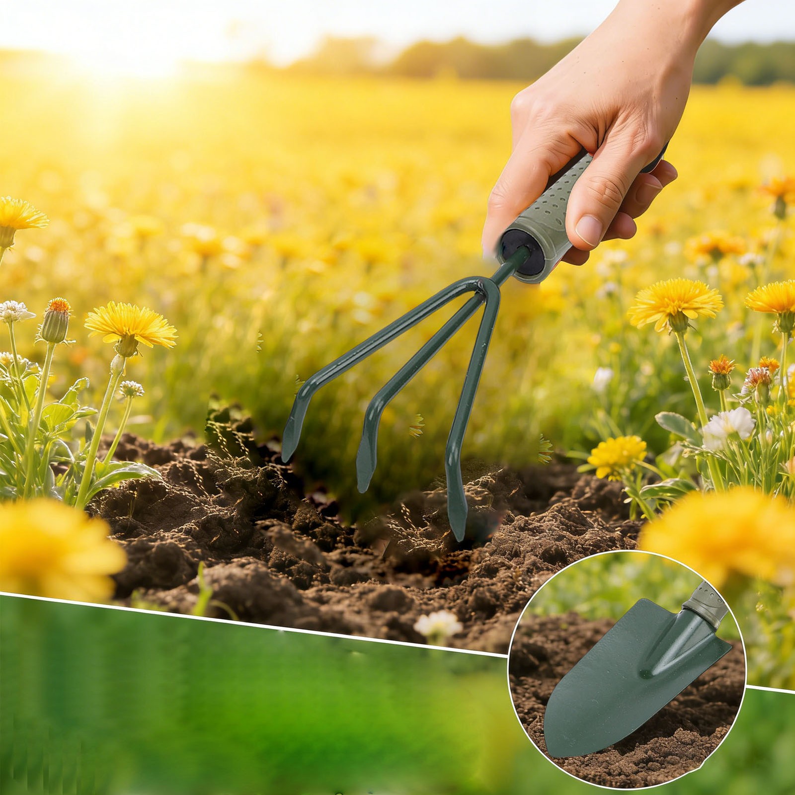 NEW 3 Prong Garden Rake Sturdy Ergonomic Shovel For Gardening