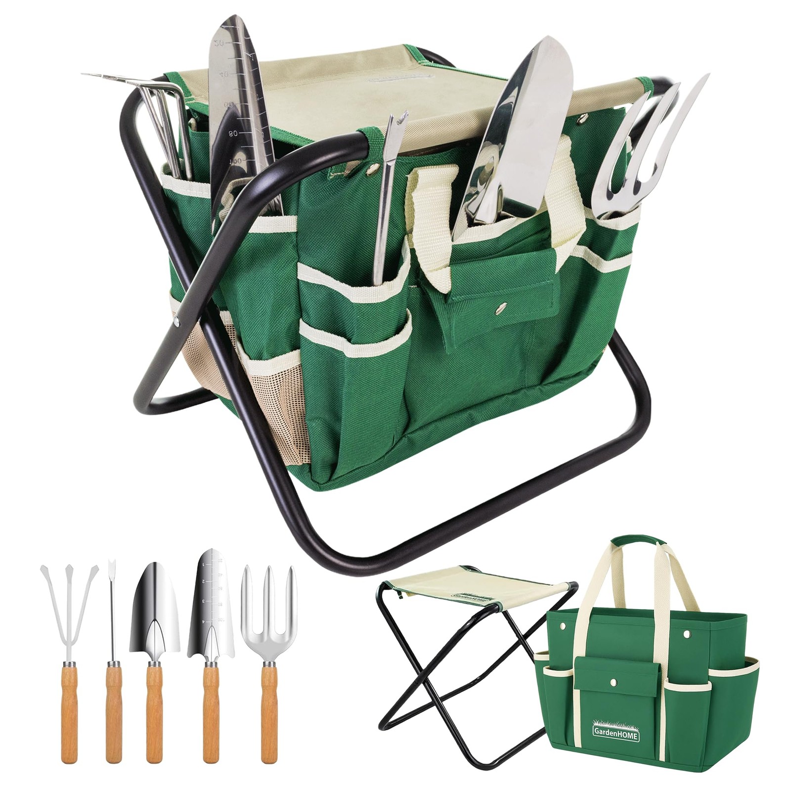7-Piece Gardening Tool Set – Stainless Steel Tools, Stool & Tote for Gardeners