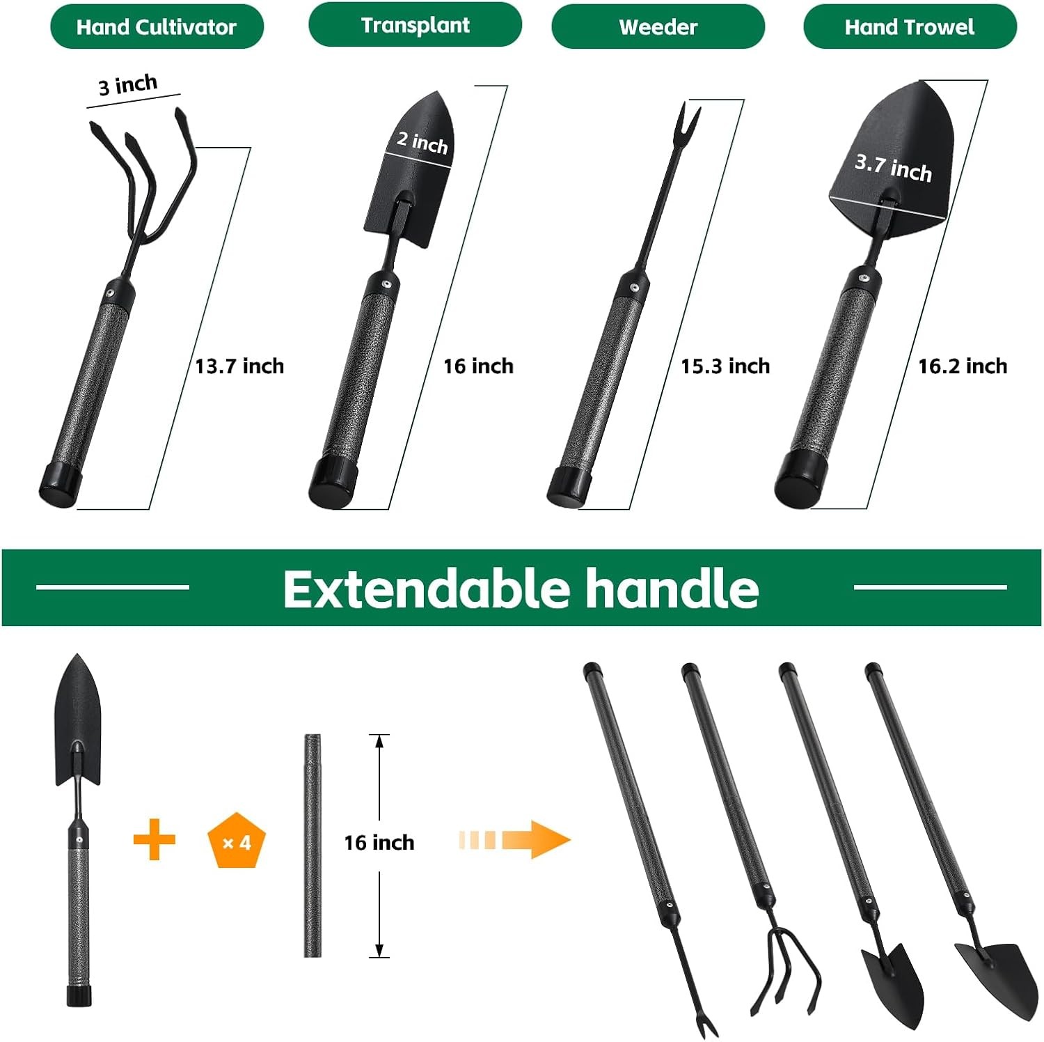 Garden Tools Set with Extension Handles, 5 Piece Thick Gardening Hand Tools