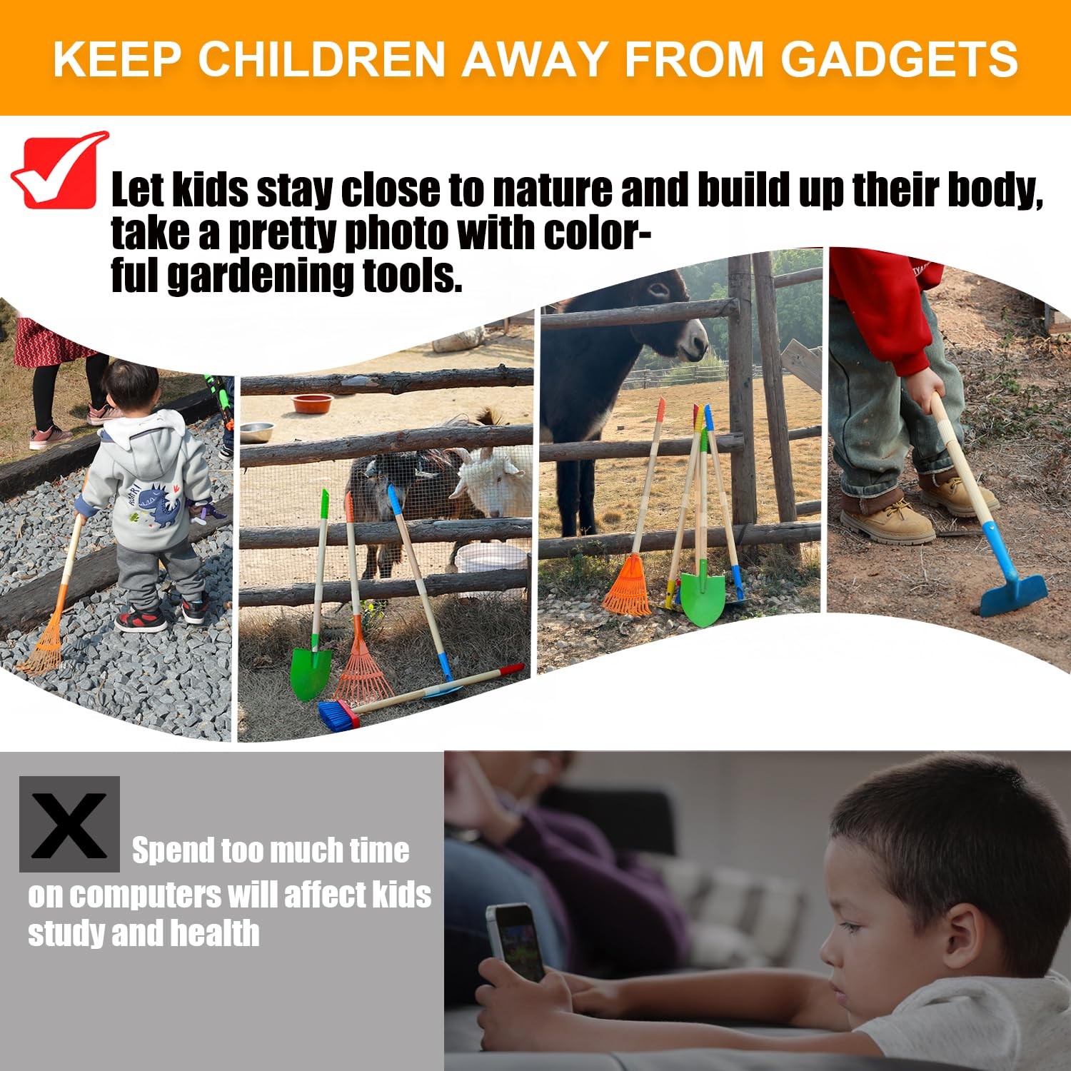 POMIKU Kids Shovel, Rake for Leaves, Spade, Hoe and Broom, 5Pcs Kids Garden T…