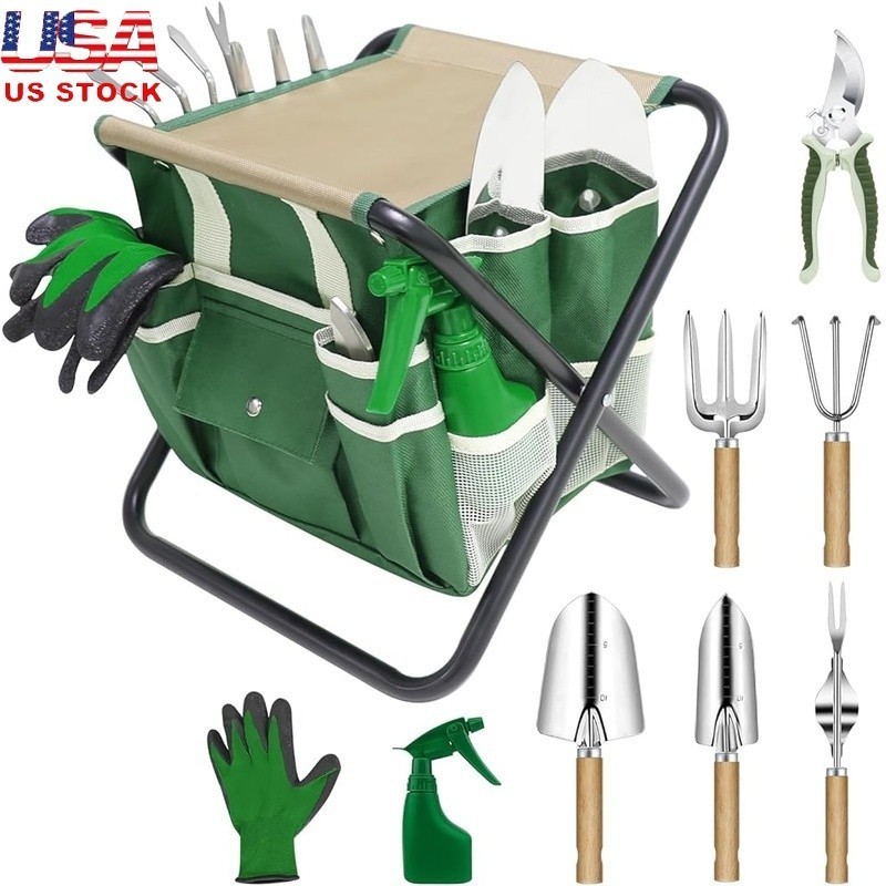 10 Piece Garden Tool Set Stainless Steel W/ Folding Stool & Storage Tote Green