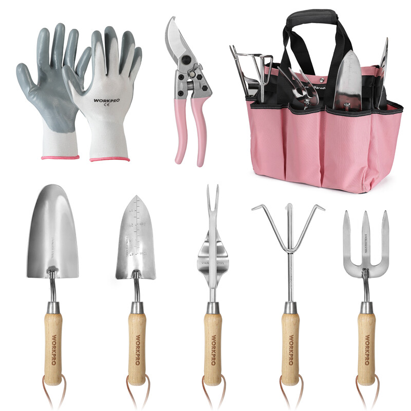 WORKPRO Pink Garden Tool Set 7PC Stainless Steel Heavy Duty Tool w/Wooden Handle