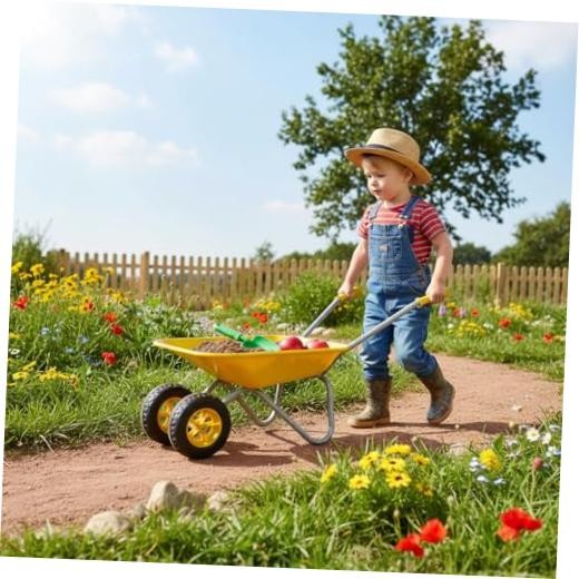 Kids Gardening Tool Set Wheelbarrow,2 Wheel Toddler Children Metal Yellow