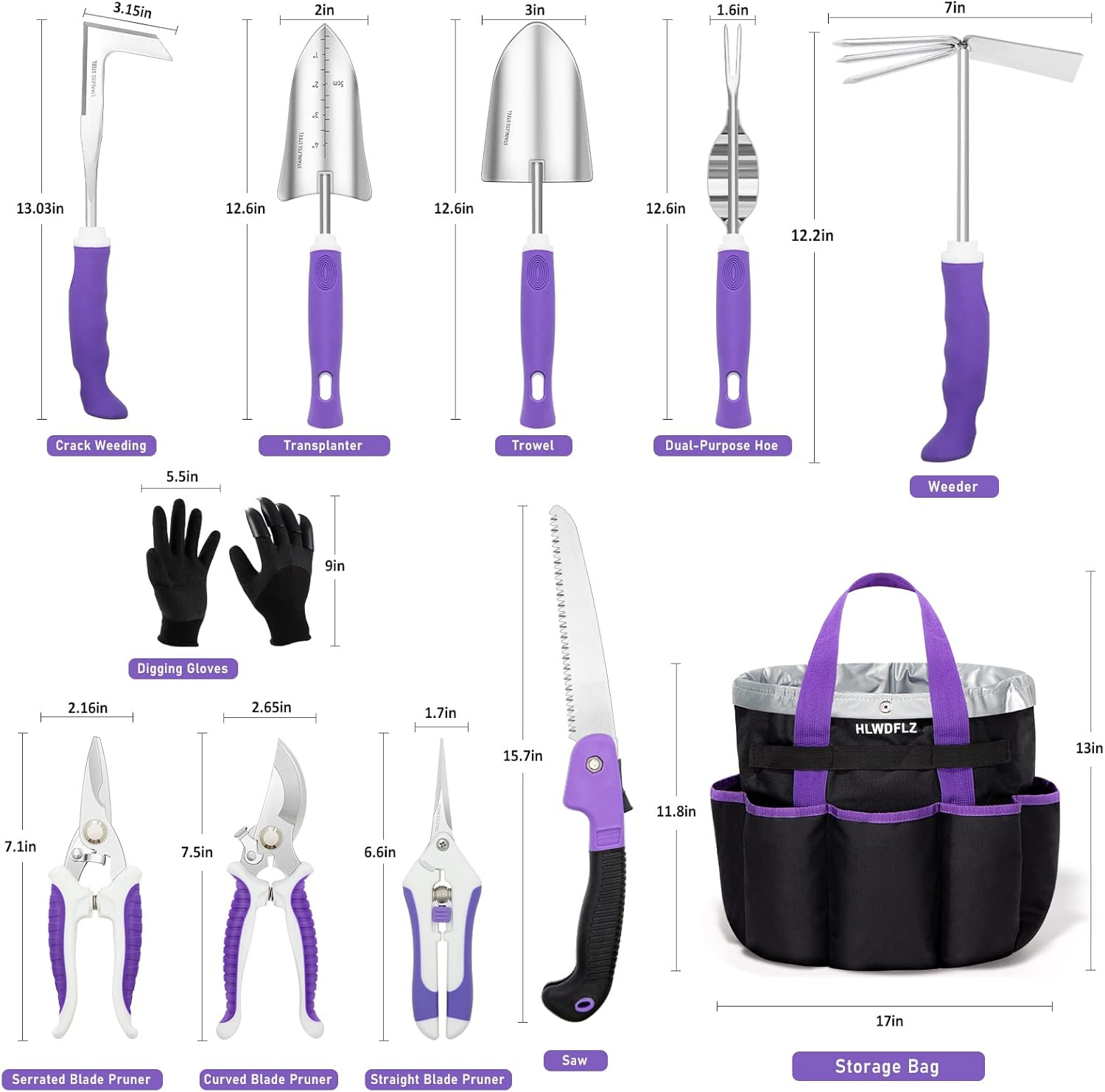 Purple Garden Tool Set, Heavy Duty Gardening Tools with Storage Bag Pack
