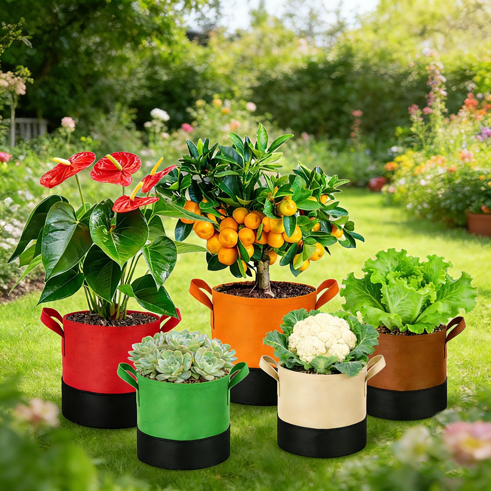 15 Gallon Fabric Grow Bags 5-Pack, 350G Heavy Duty Nonwove Fabric Pots with H…