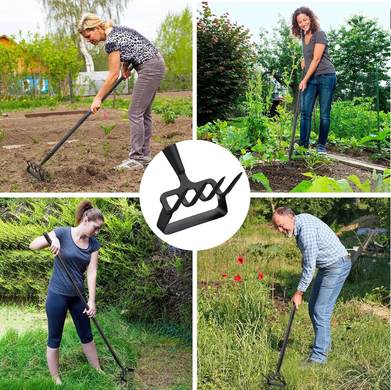 Garden Cultivator Weed Stirrup Hula Hoe Rake with 37″~62″ long Steel Handle
