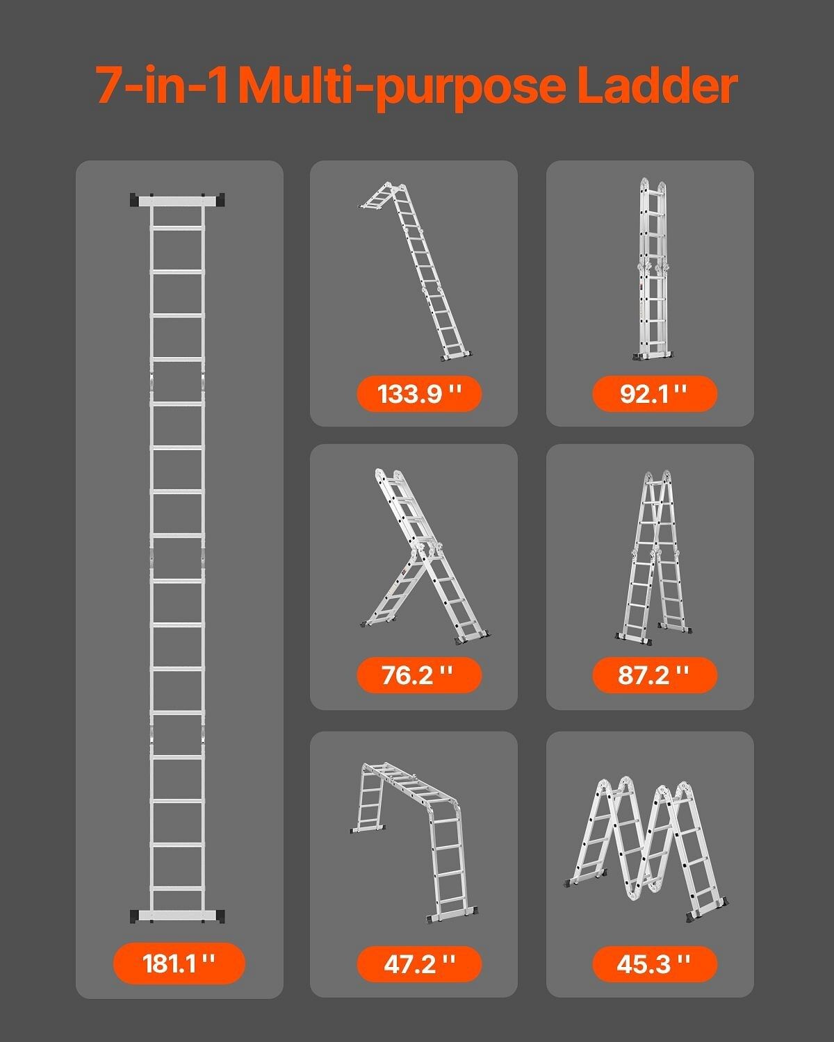 Multi-Purpose Folding Ladder, 7-in-1 Tall Extension Step Ladder, A Frame 4 Step