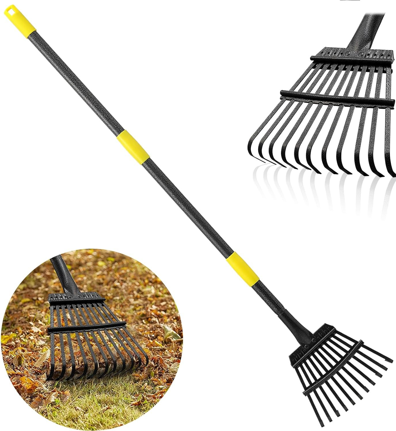 Rack for Yard Lawn Shrub tree Leaves 11 Metal Tine 8.5”W*60″L adjustable handle