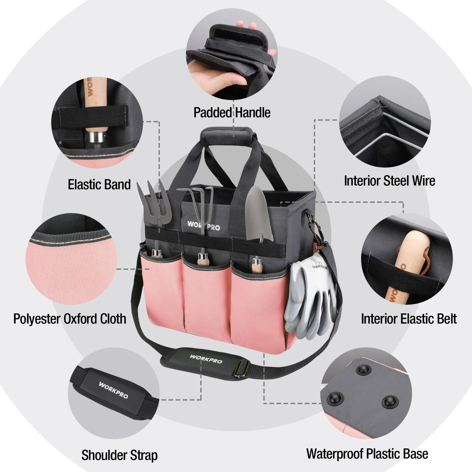 WORKPRO Garden Tool Bag, Heavy Duty with 10 Pockets Pink with Shoulder Strap