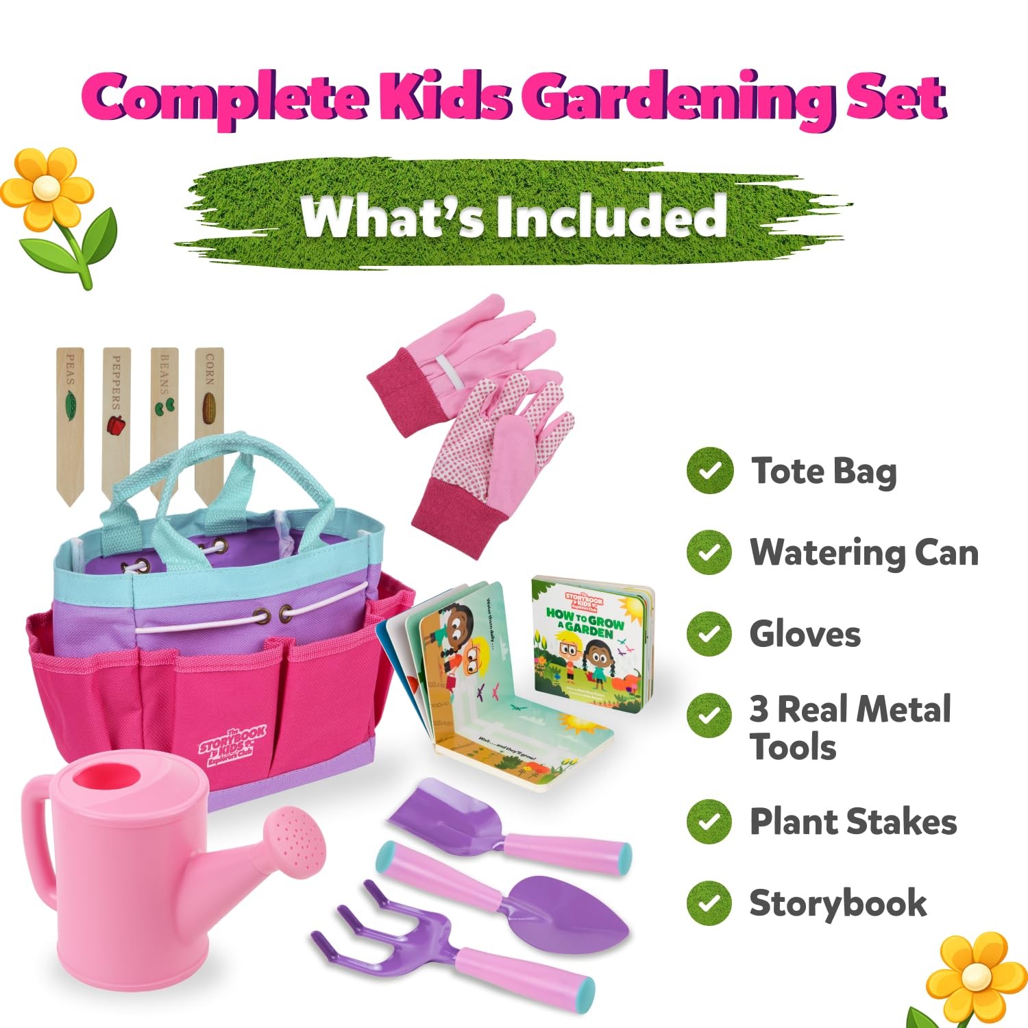 Pink Kids Gardening Tools Includes Sturdy Tote Bag, Watering Can, Gloves, Sh…