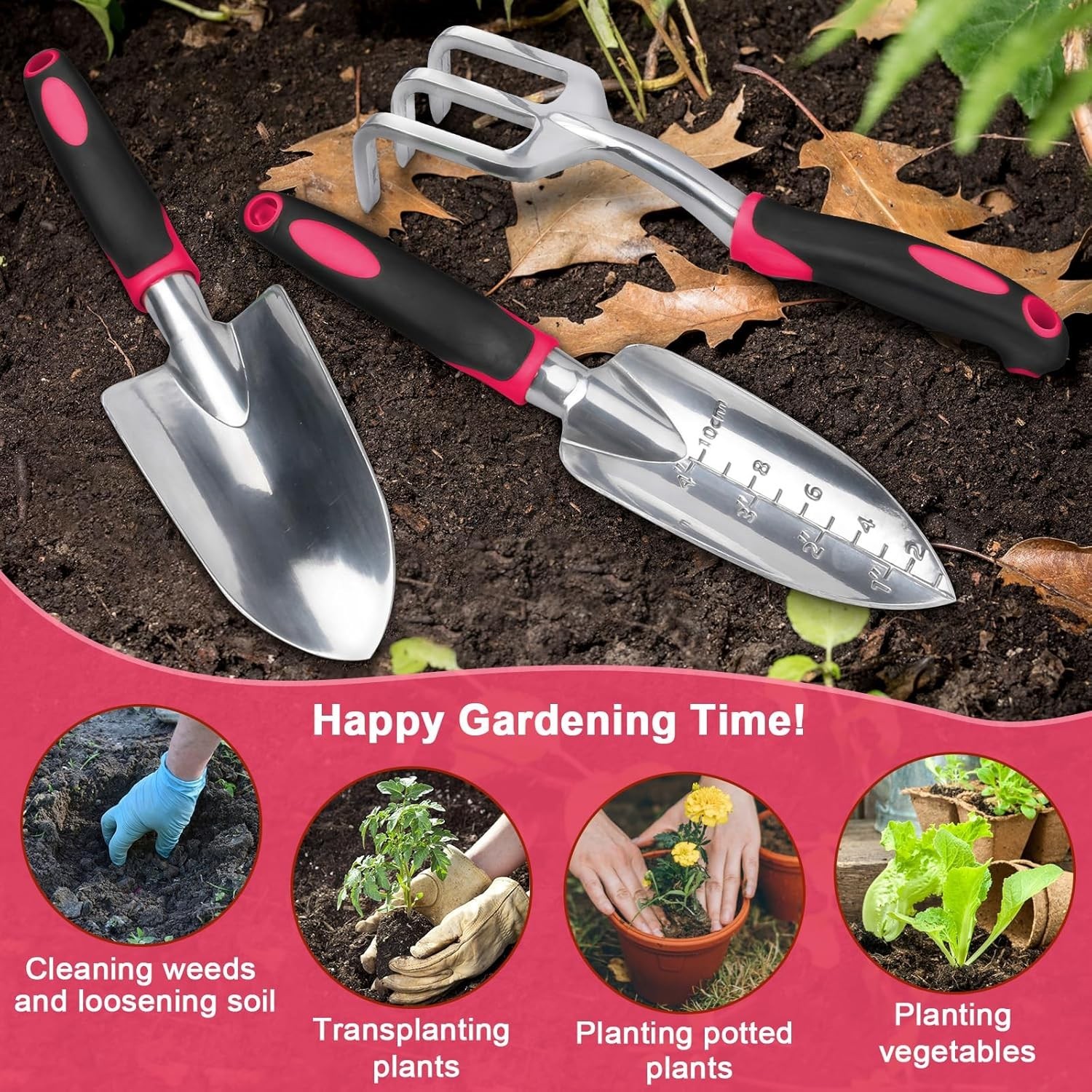 MECHEER 3 Pack Garden Tools Set Shovel Trowel Rake Aluminum Red