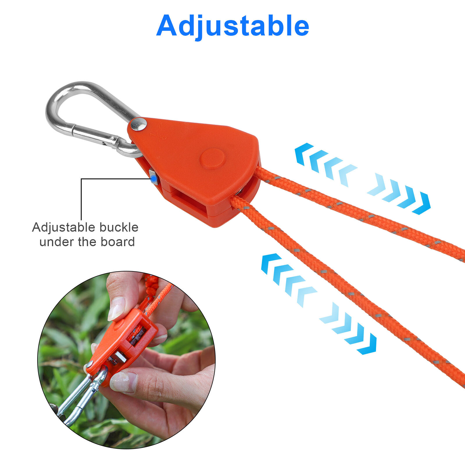 4Pcs Tent Rope Pulley Kit 4M Reflective Cord w/ Adjustable Ratchet Hanger 300lbs
