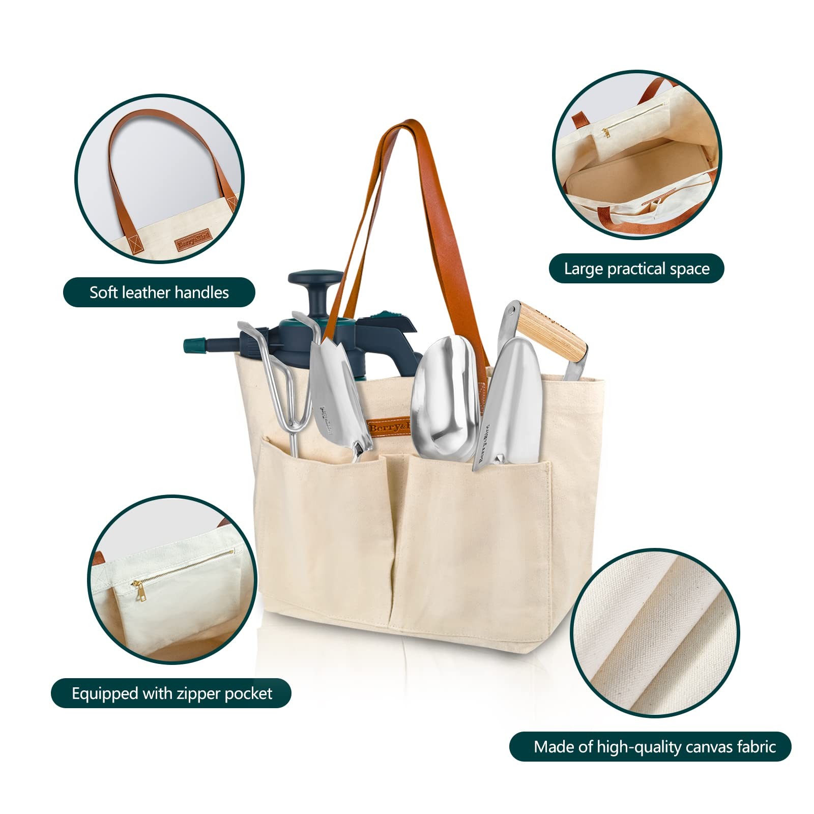Berry&Bird Garden Tool Bag Canvas Garden Tote With Pockets Wear Resistant Multi