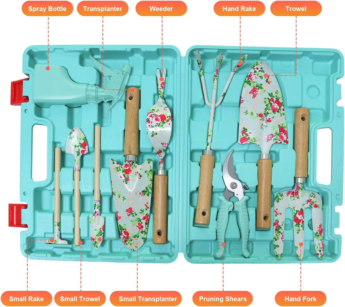 Light Green Gardening Set, 10-Piece Garden Tool Kit with Trowel, Hoe, Shovel & R