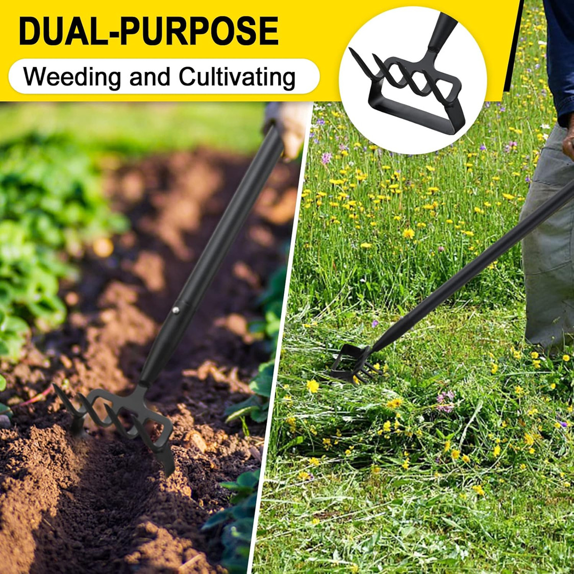 Garden Cultivator Weed Stirrup Hula Hoe Rake with 37″~62″ long Steel Handle