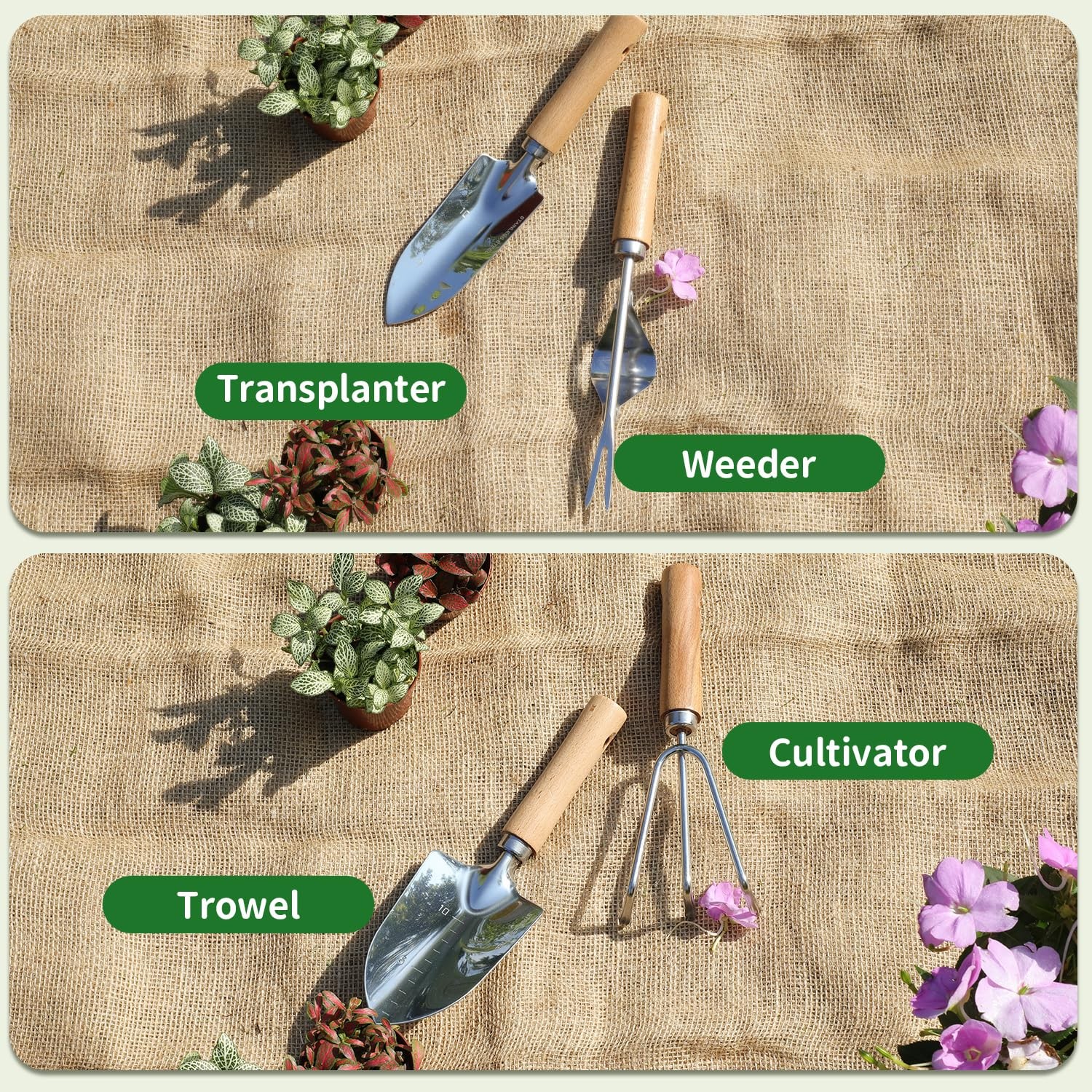 10 PCS Heavy Duty Stainless Steel Garden Tool Set Pink Floral Tote Bag Women