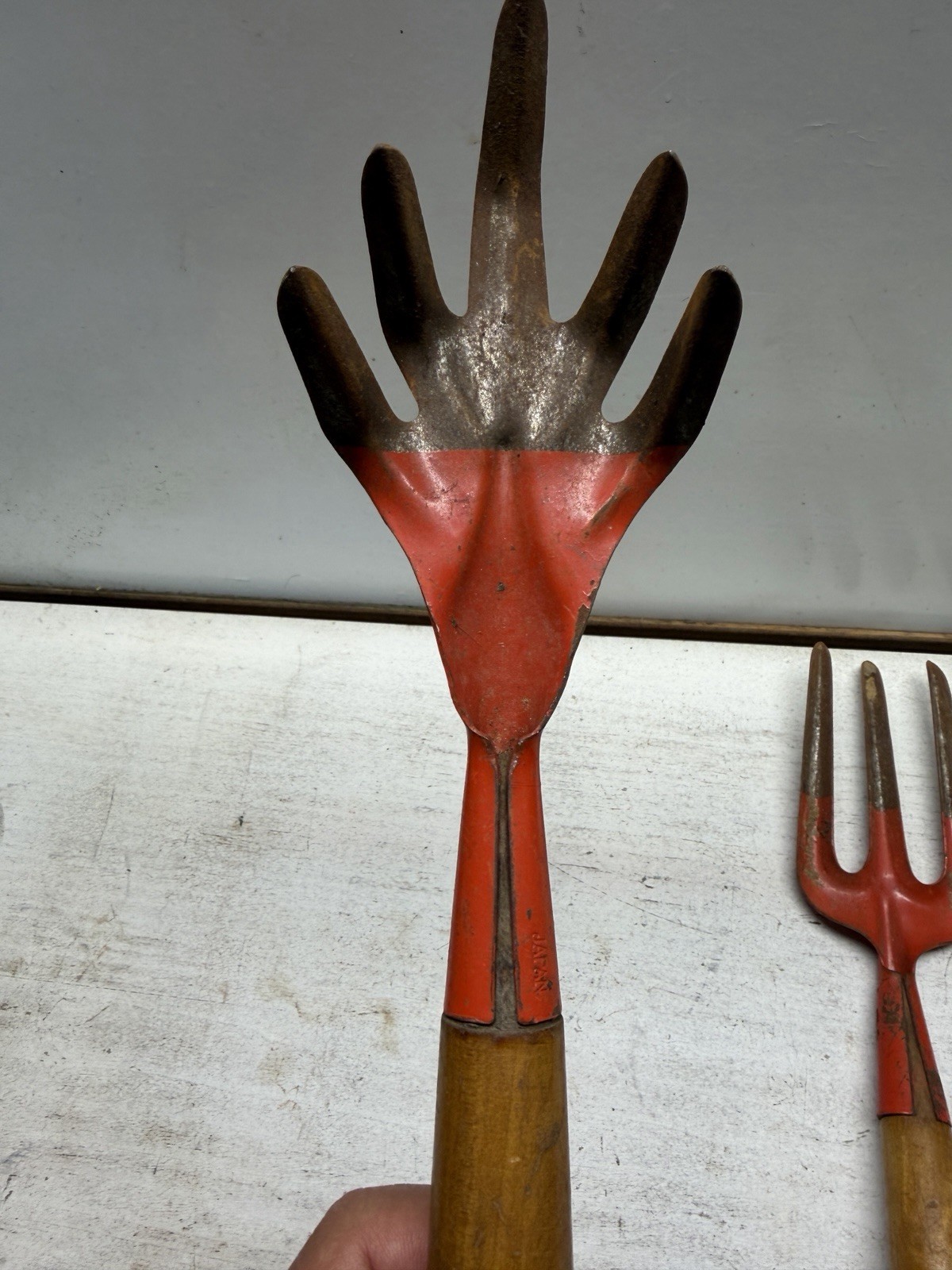 Vintage Garden Fork & Cultivator 1960s Orange Painted Metal & Wood Hand Tools