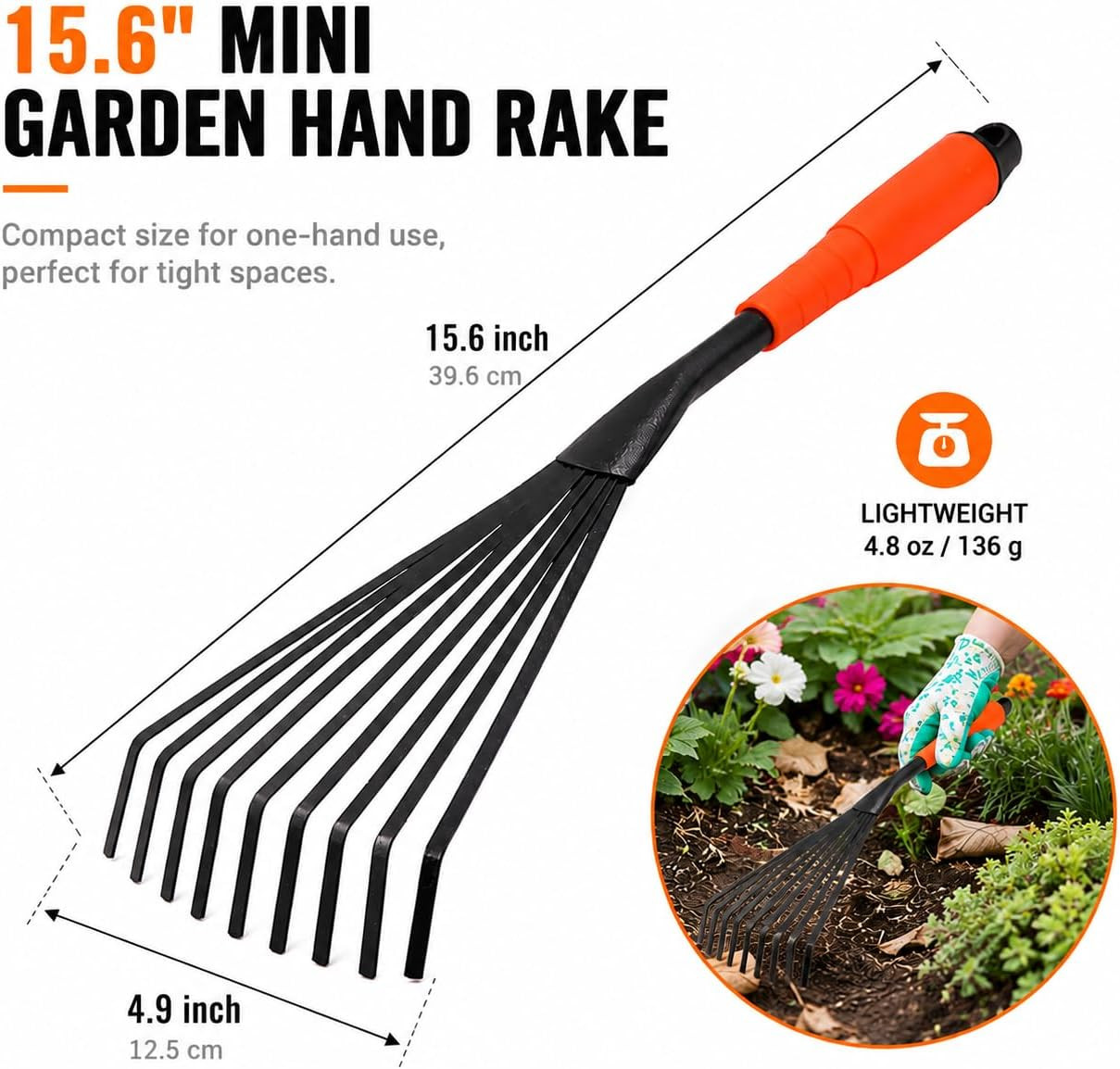 Hand Rake, 15.6 Inch Gardening Hand Tool with Ergonomic Handle and Hanging Hole