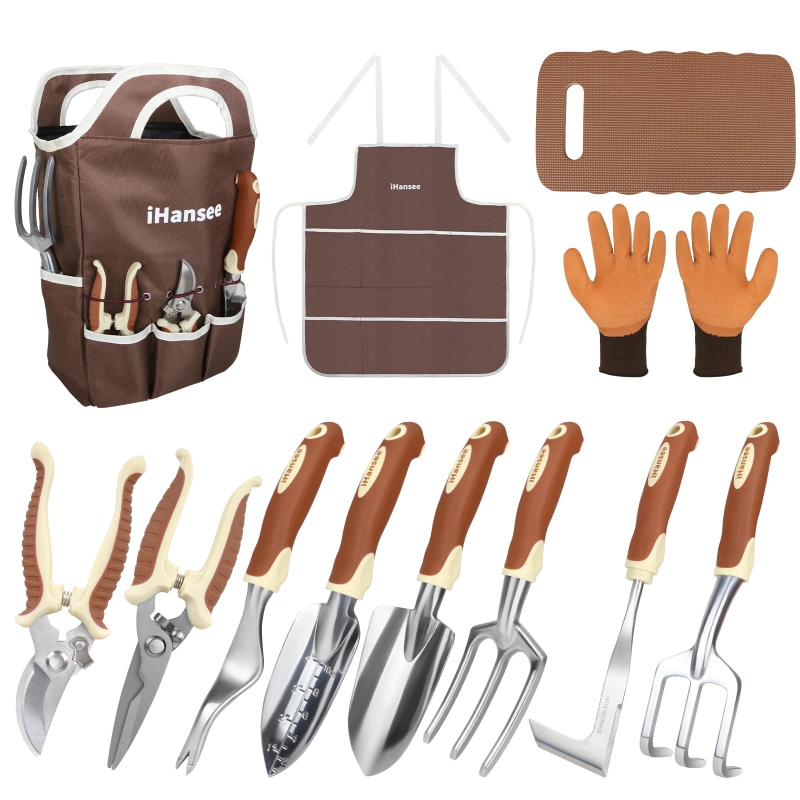 Brown Gardening Tools Set 12-Piece, Garden Hand Tool Kit with Non-Slip Ergono…