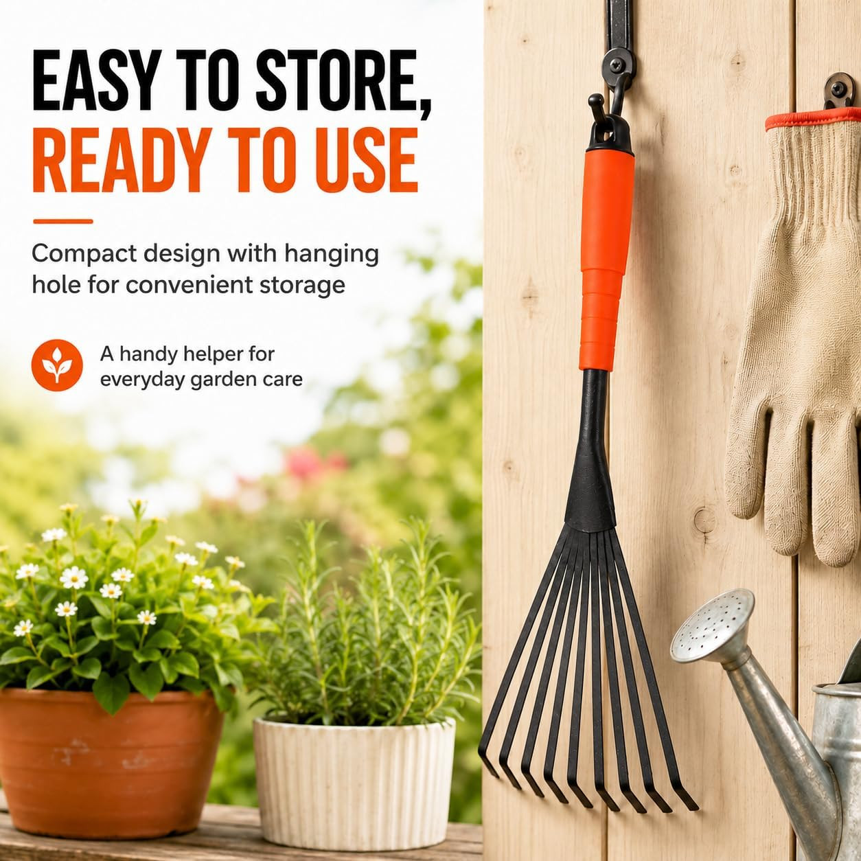 Hand Rake, 15.6 Inch Gardening Hand Tool with Ergonomic Handle and Hanging Hole