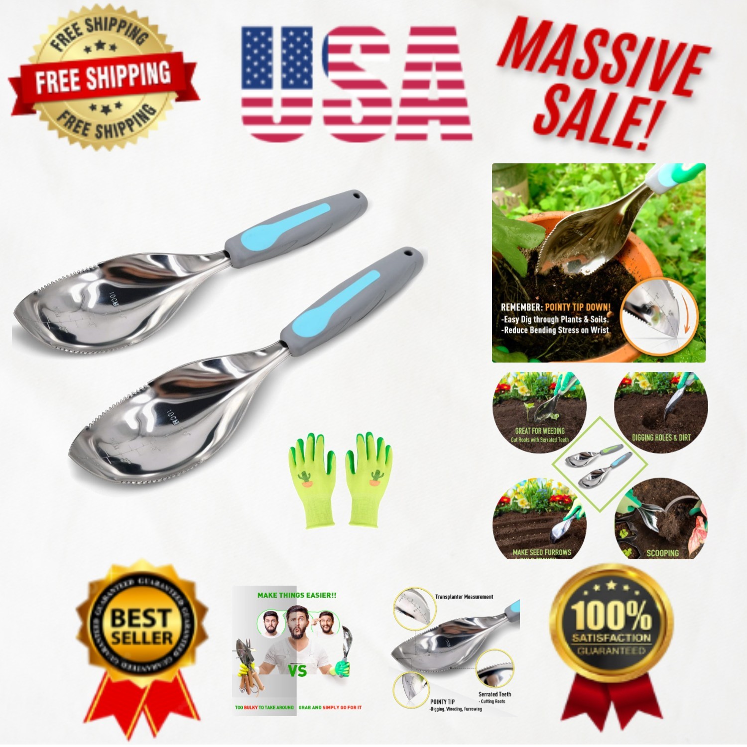 Ergonomic Blue Stainless Steel Garden Trowel – Multi-Use Cultivator and Weeder