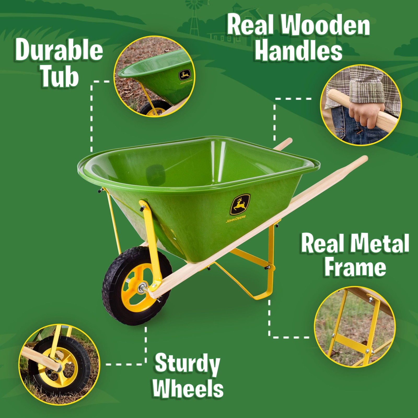 John Deere Deluxe 34″ Wheelbarrow and Garden Set Includes 5 Realistic Gardeni…