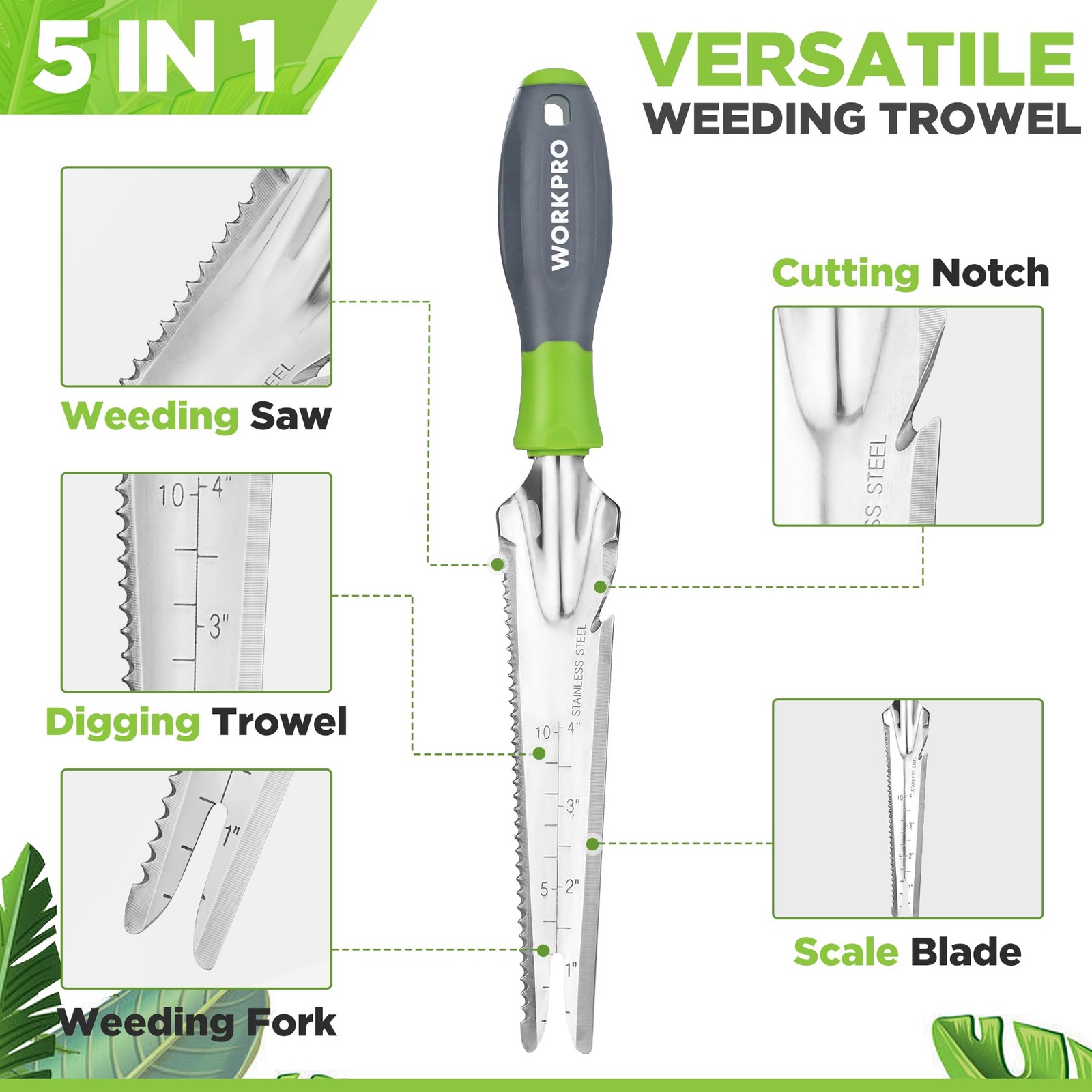 WORKPRO 5 in 1 Hand Weeder Puller Stainless Steel Garden Trowel Gardening