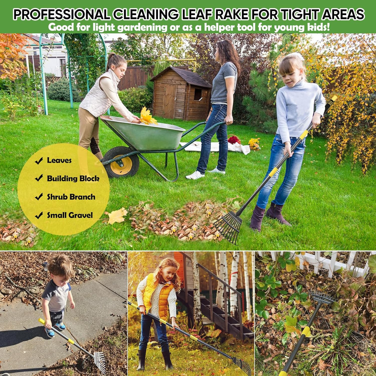 Rack for Yard Lawn Shrub clean Leaves 11 Metal Tines with 30″ ~ 72″ Long handle