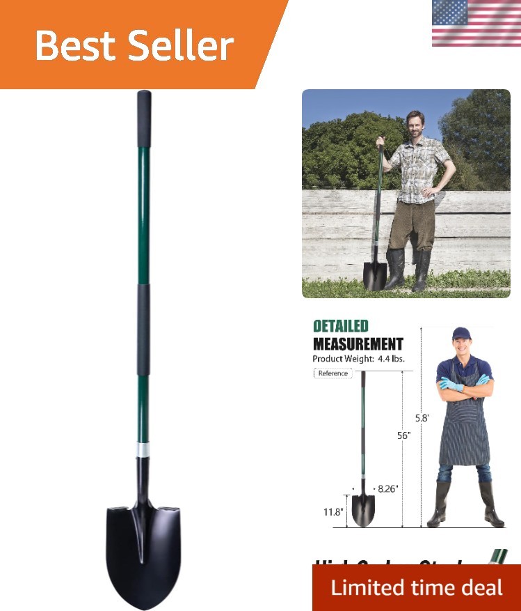 Efficient 56-Inch Heavy Duty Shovel with Non-Slip Fiberglass Grip for Gardening