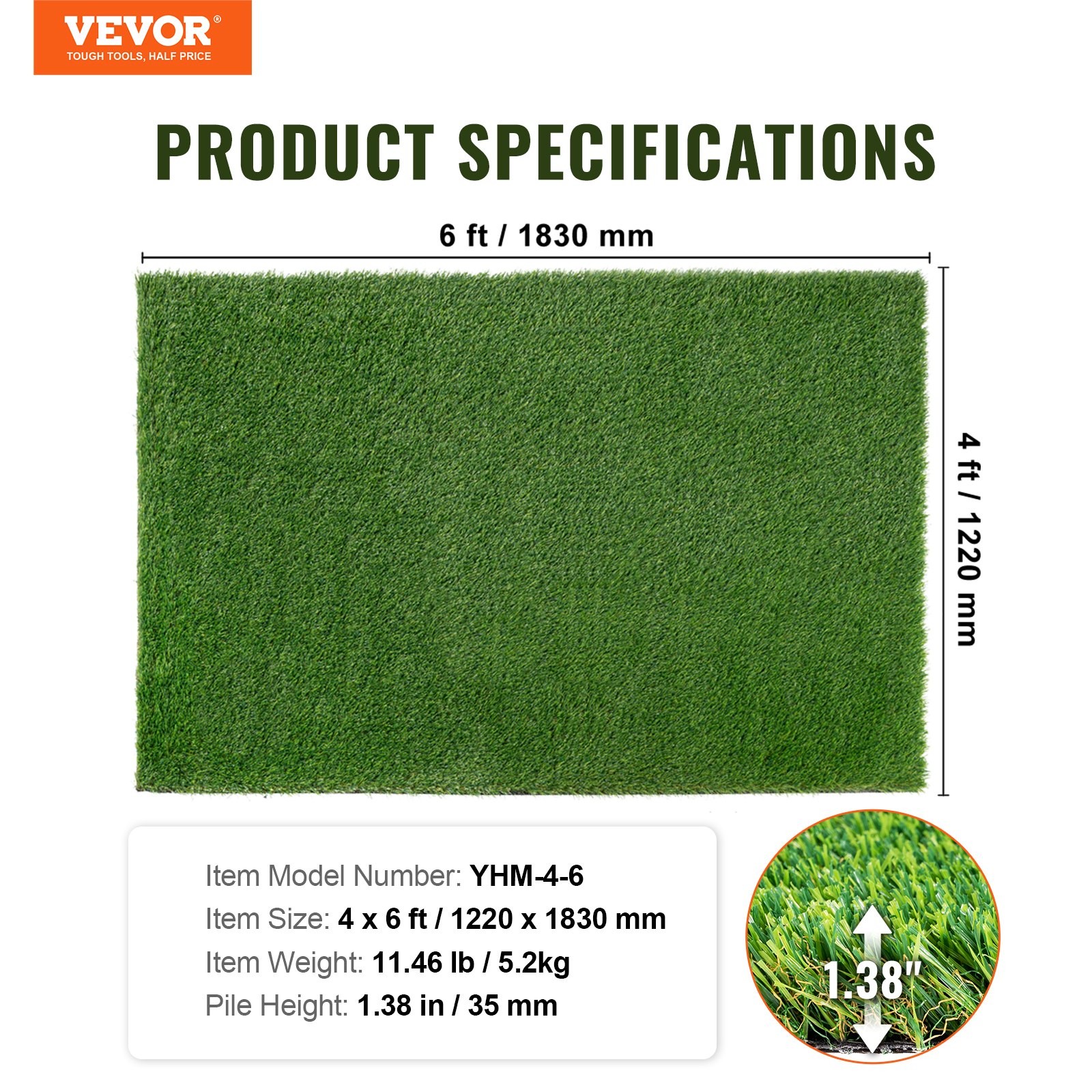 Artifical Grass,4 x 6 ft Rug Green Turf,1.38″Fake Door Mat Outdoor Patio Lawn De