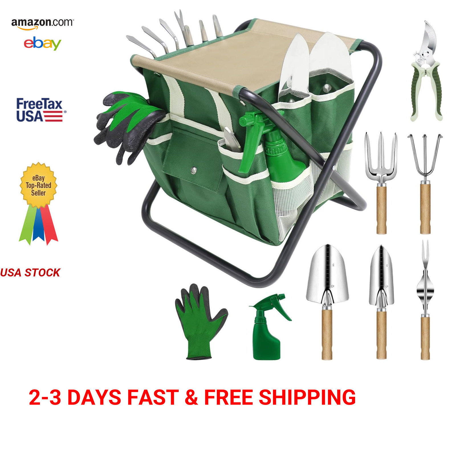 Garden Tool Set with Folding Stool Detachable Storage Tote Stainless Steel