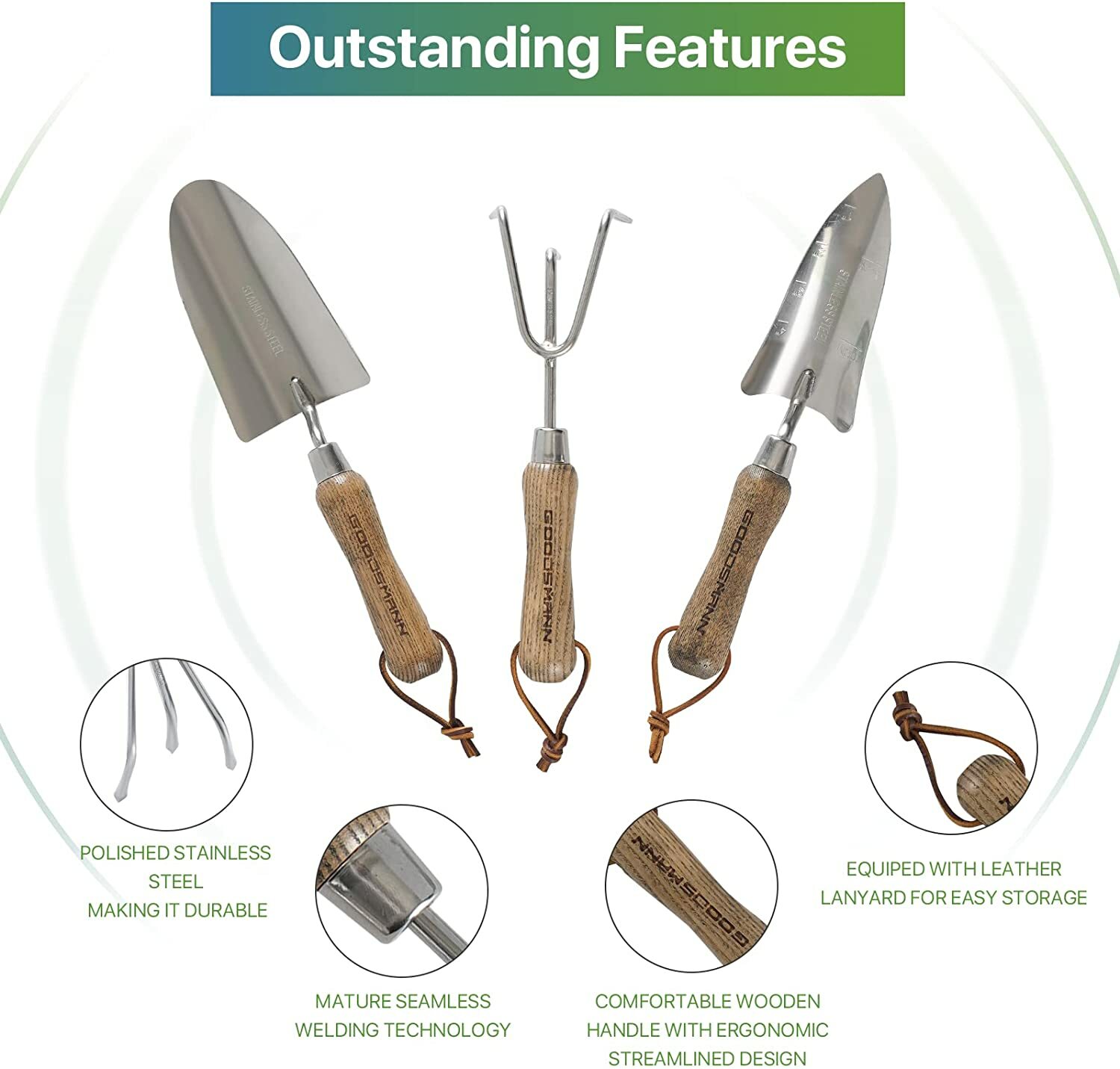 GOODSMANN Garden Tools Set, 3 Piece Stainless Steel Gardening Kit, Hand Trowel