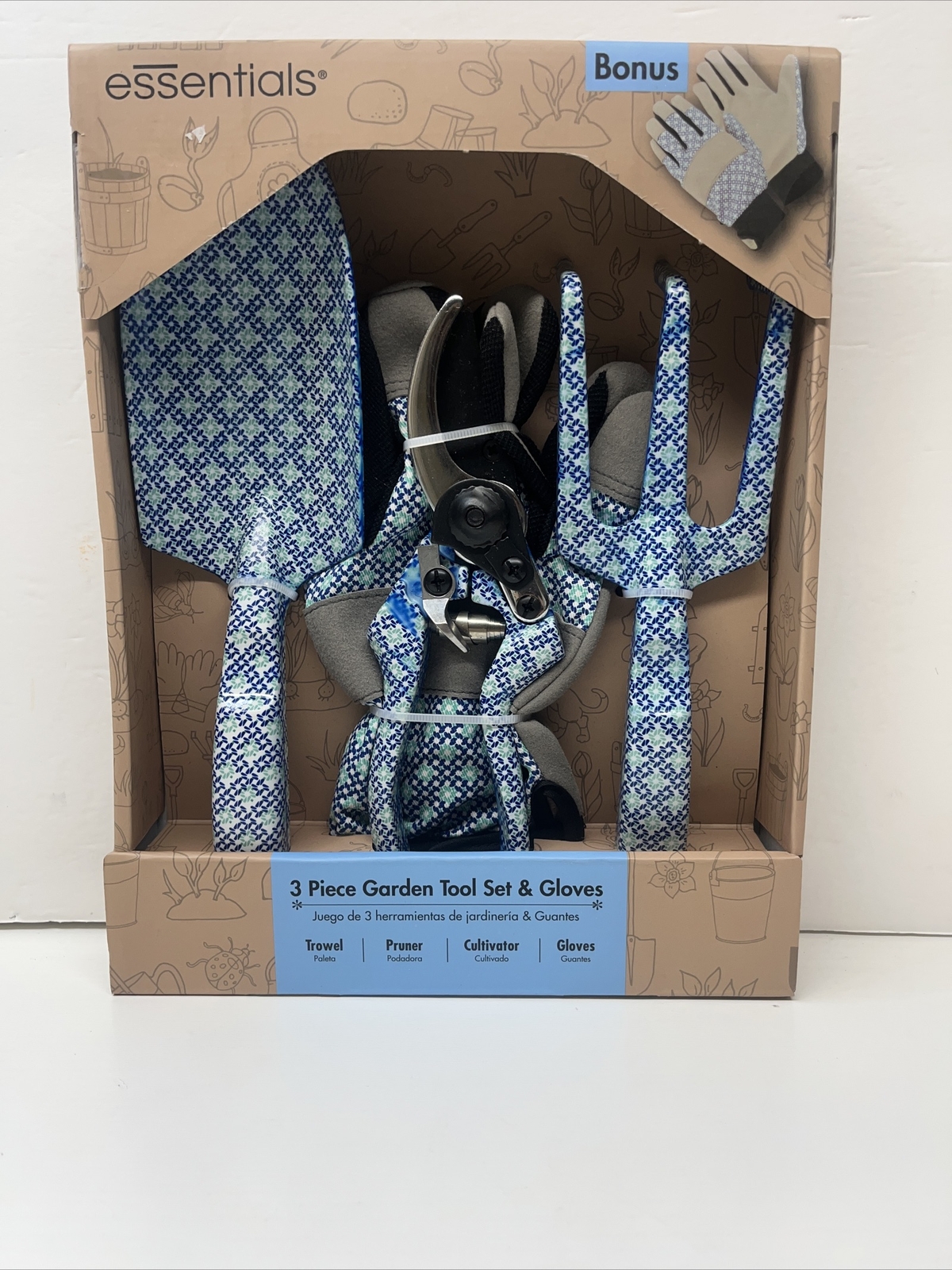 NEW 3-piece Garden Tools Set Bonus Gloves Trowel Pruner Cultivator Gloves Blue