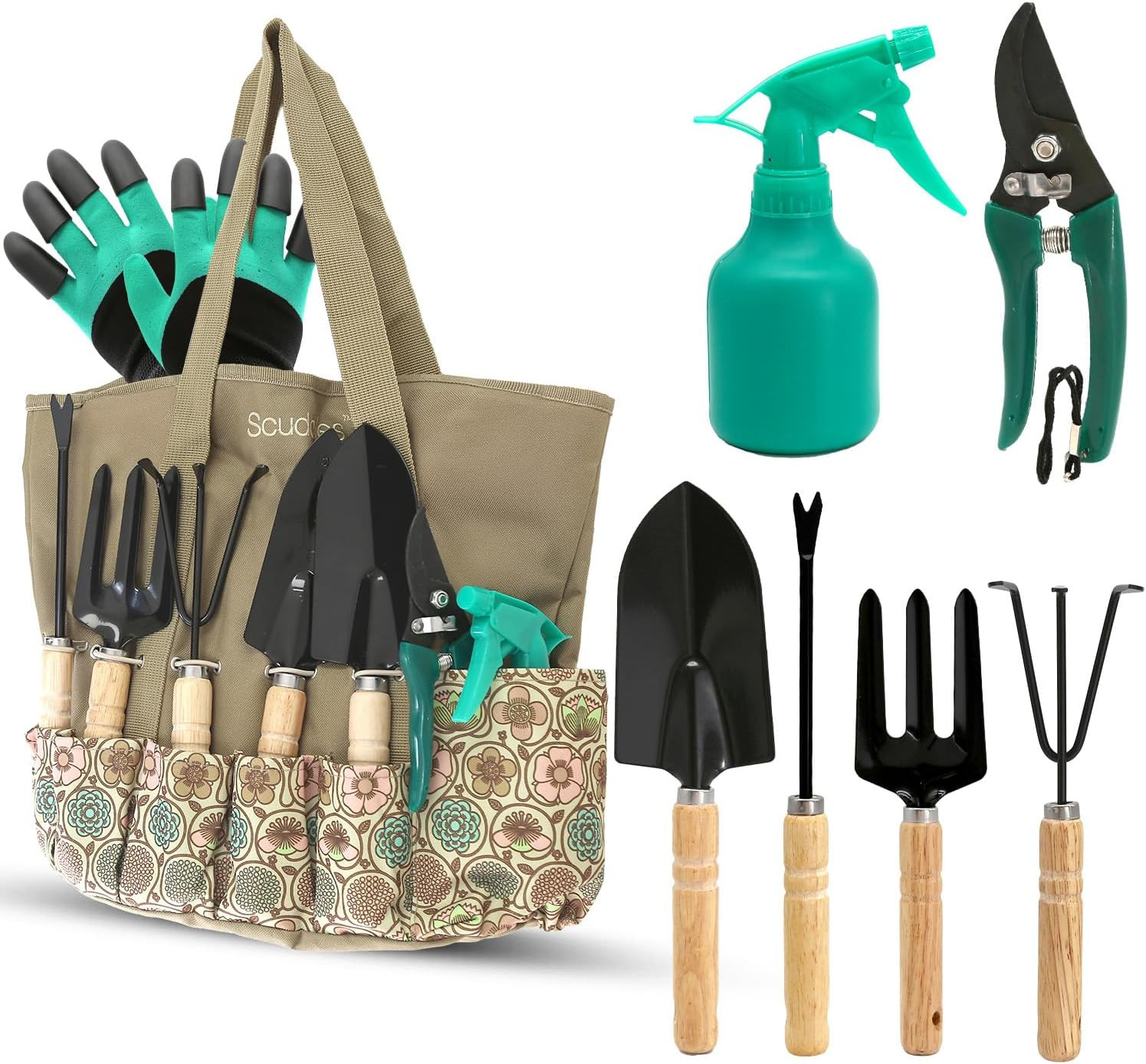 Heavy Duty Garden Tool Bag with Stainless Steel Hand Tools, Non Slip Rubber Grip