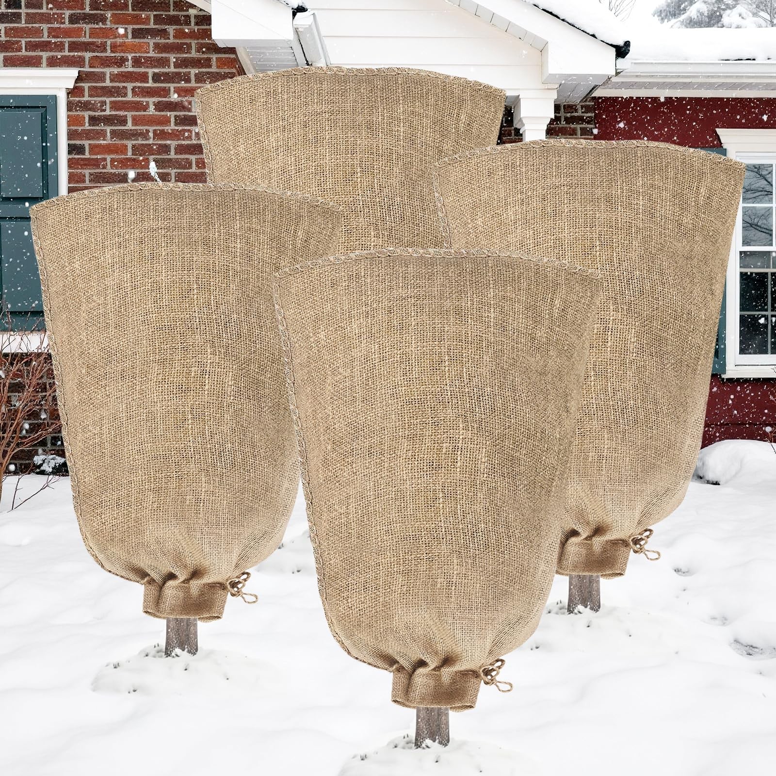 Riare 4 Packs 45 70 Inch Burlap Winter Plant Cover Bags Drawstring- Reusable