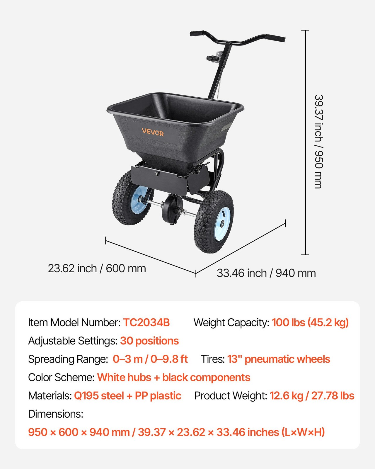 Lawn Spreader, 100LBS Capacity, Walk-Behind Push Spreader, 0-9.8ft Spreading Wid