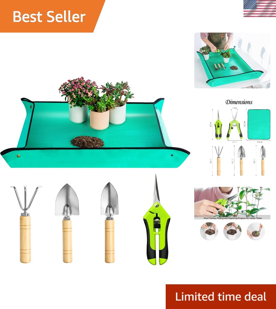 Complete Succulent Care Kit: 5-Pc Gardening Tools with Waterproof Repotting Mat