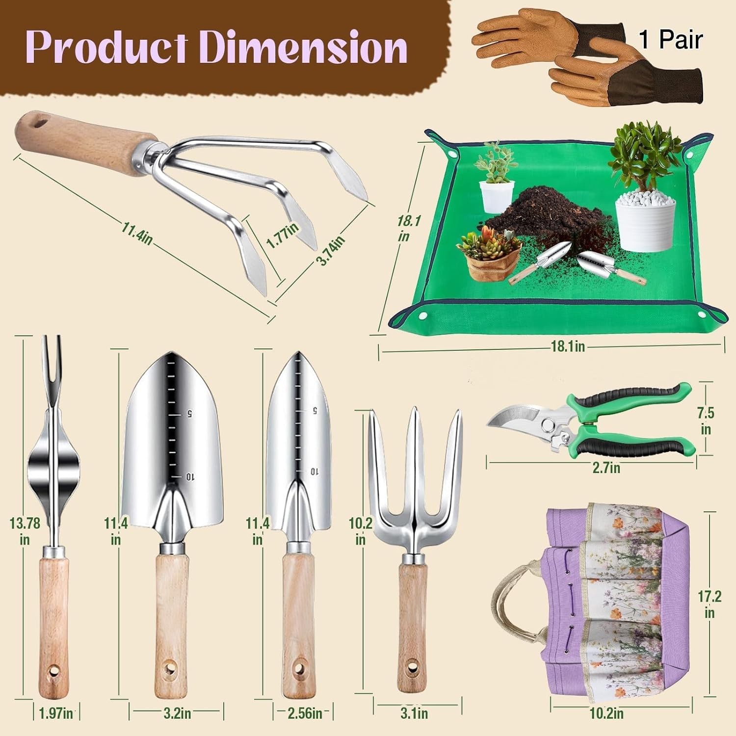 Elegant 9-Piece Stainless Steel Gardening Tool Set with Floral Tote Bag