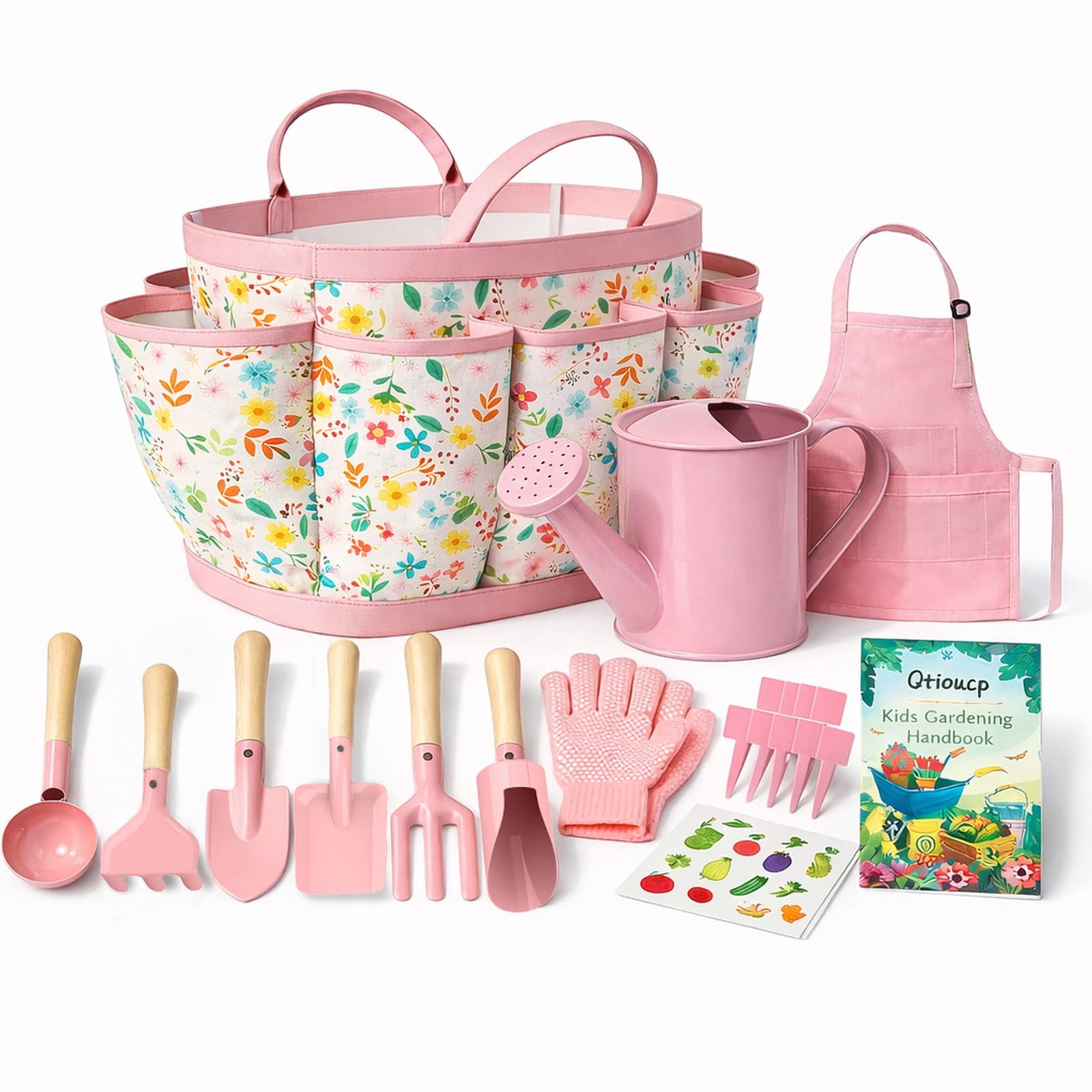 Qtioucp Kids Gardening Set 14Pcs Garden Tools with Tote Bag,Watering Pink