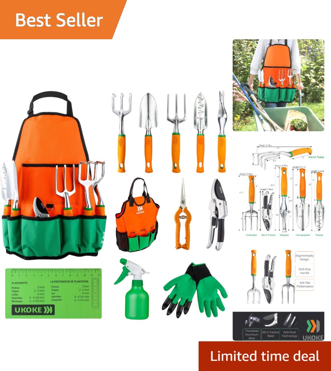 Durable Aluminum Gardening Tools with Waterproof Apron – 12 Pieces Included