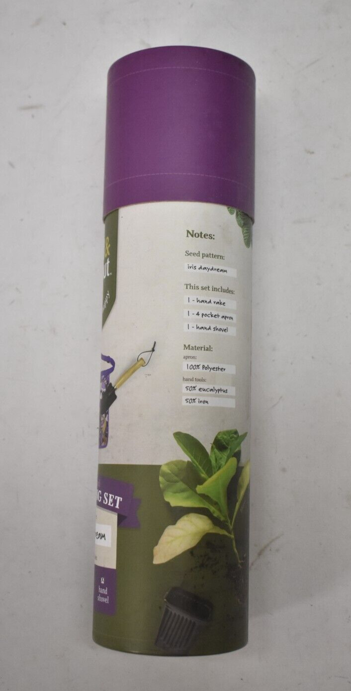Seed & Sprout Gardening Set Iris Daydream Apron Hand Rake & Shovel Purple