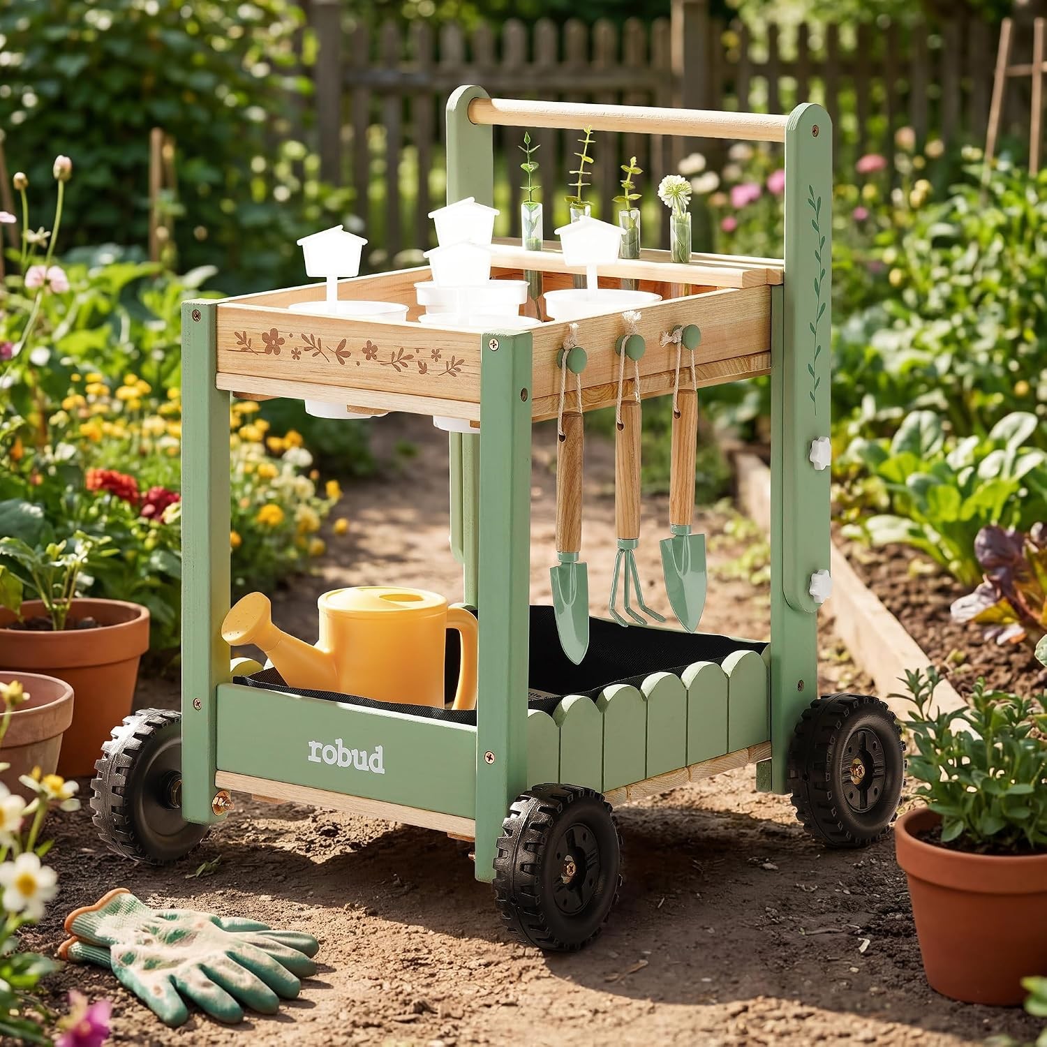 ROBUD Kids Gardening Tools Set Wooden Cart Green