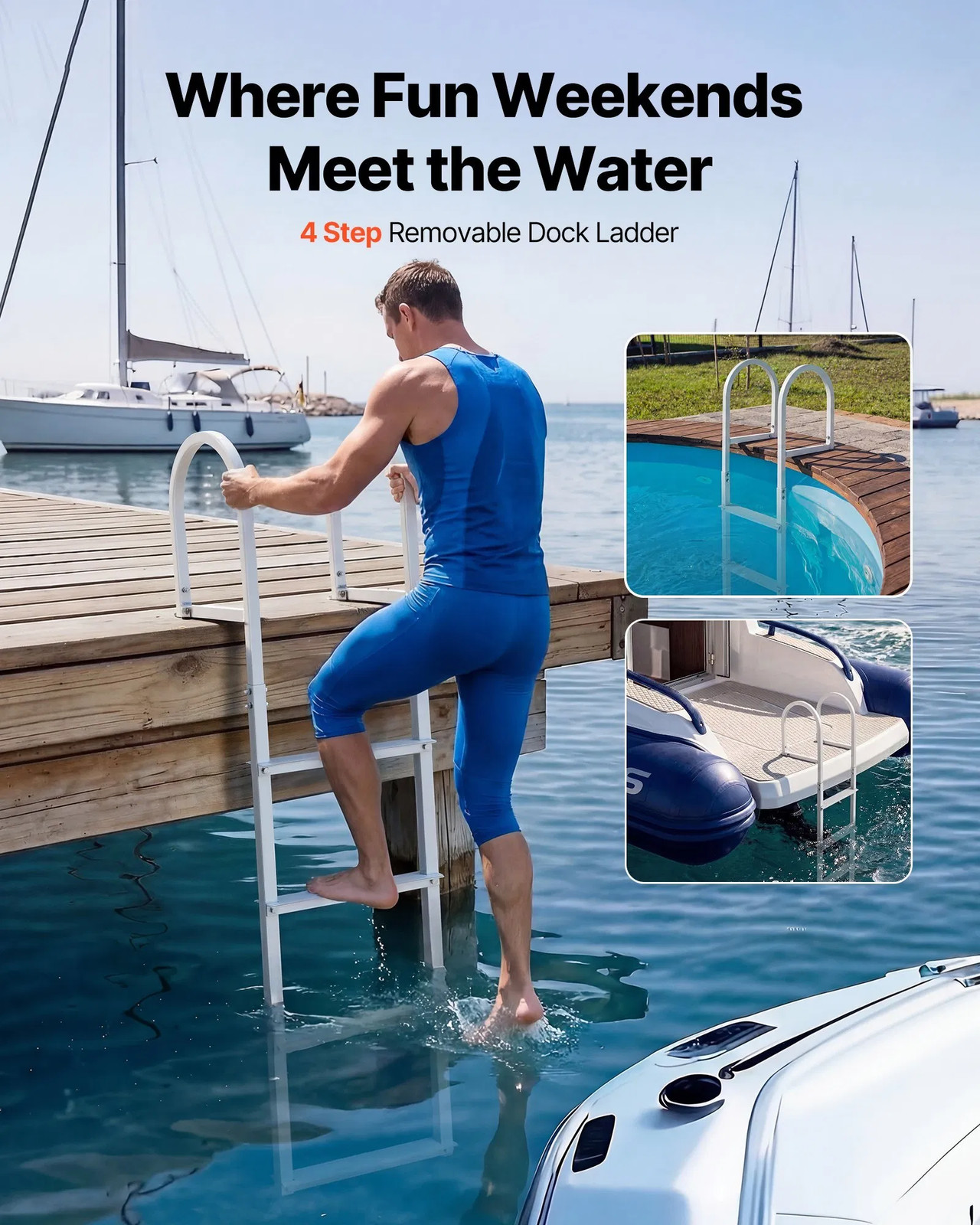 Removable Dock Ladder, 4 Steps, Aluminum Alloy Pontoon Boat Swim Ladder, with N