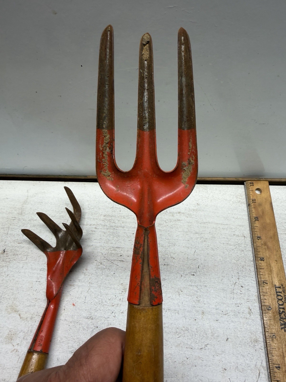 Vintage Garden Fork & Cultivator 1960s Orange Painted Metal & Wood Hand Tools