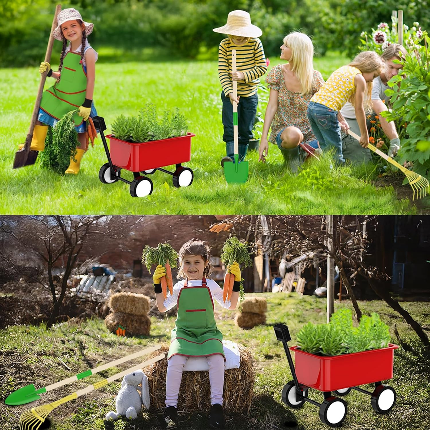Qtioucp Kids Gardening Wheelbarrow Set, Metal & Wooden Garden Tools for Kids
