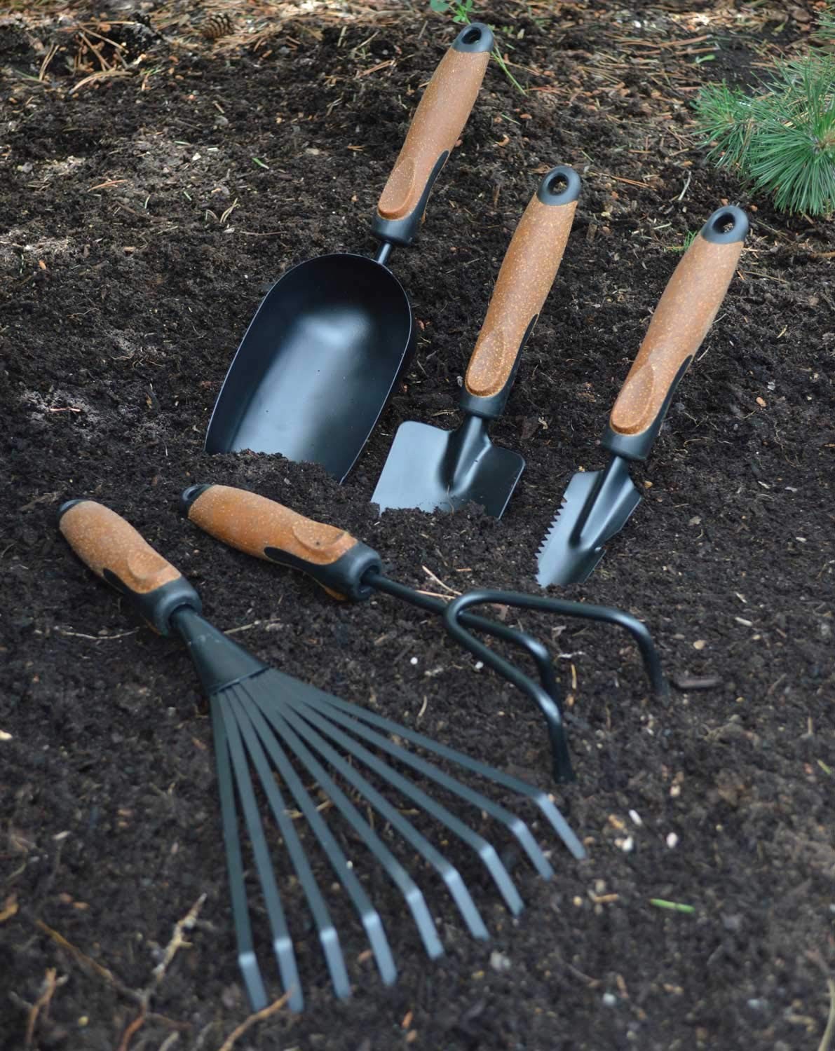 Olmsted Forge 5~Piece Garden Tool Set, Heavy~Duty Steel, Cork Handle