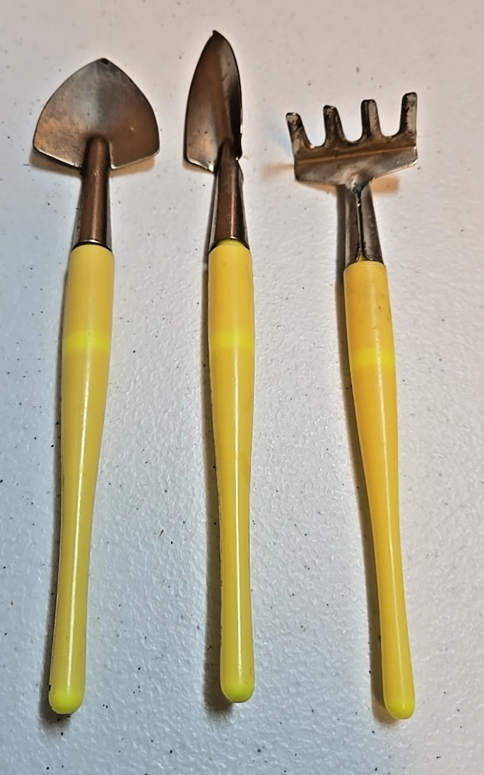 Vintage Set of Three Mini Gardening Tools; Yellow; Spade, Shovel, Rake