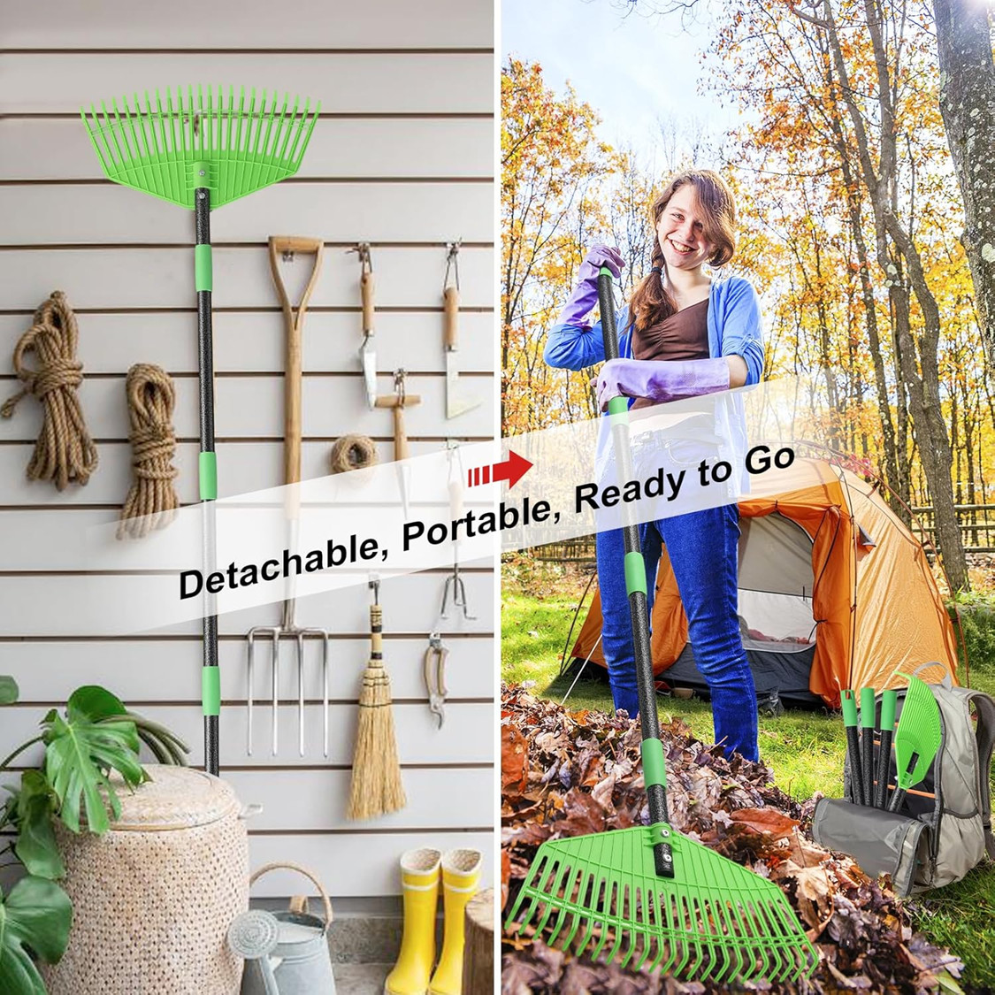 23 Non-Clog Flexible Tines 17″ wide Plastic-Head Rake 65 Long Handle Lightweight