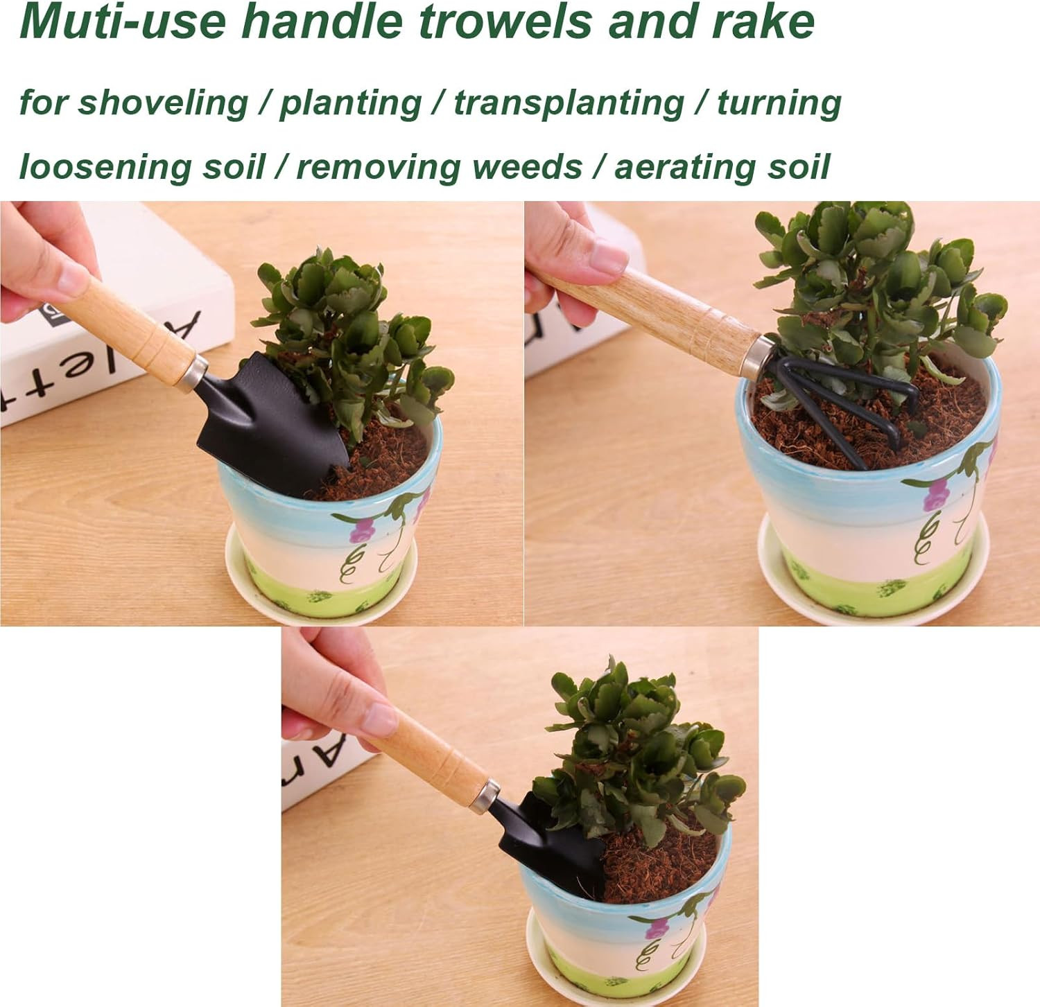 3 Pcs Mini Garden Tools Set Small Tiny Shovel Trowel and Hand Rake with Solid Wo